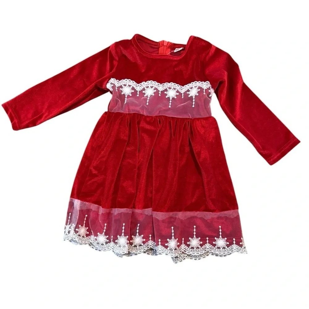 Infant/Toddler Girl faux velvet red dress w/ white lace NWT Size 80 is 12 months